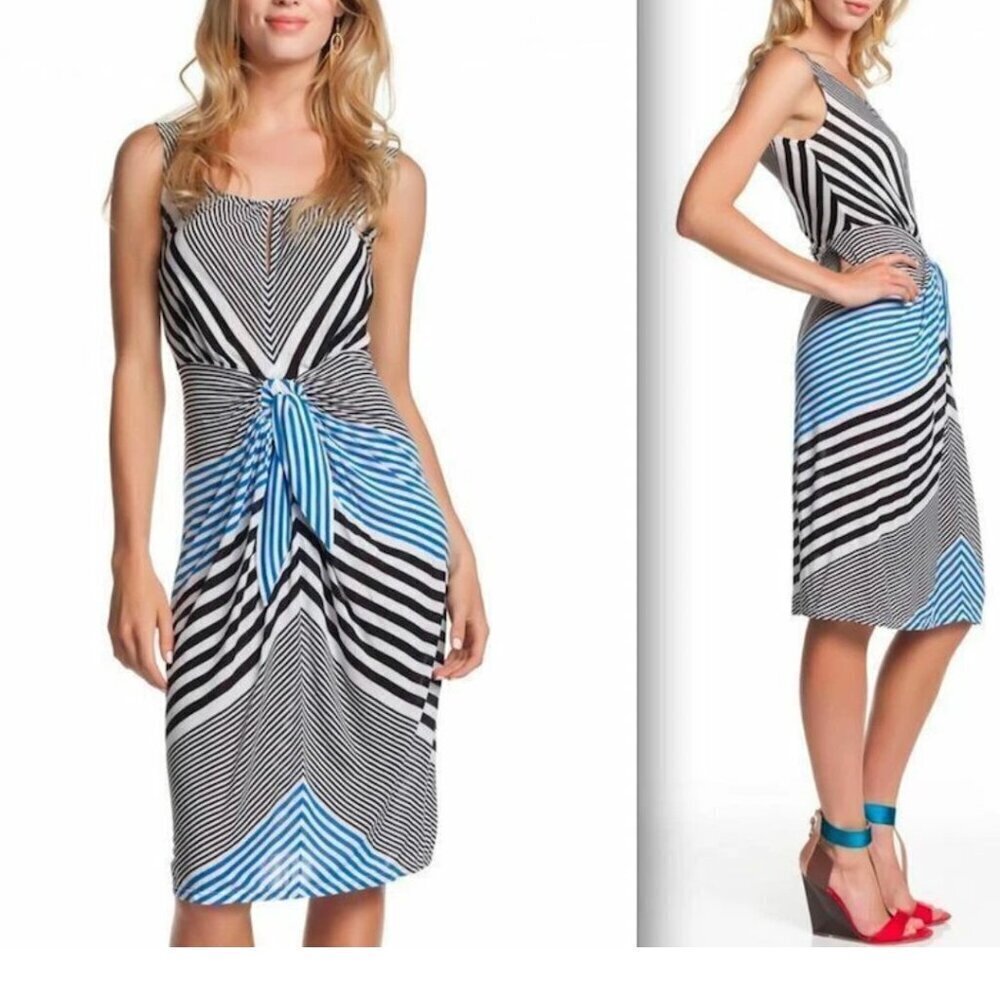 BCBG MAXAZRIA Dress Larkspur Blue Multi Grey White Black Faux Knot Striped